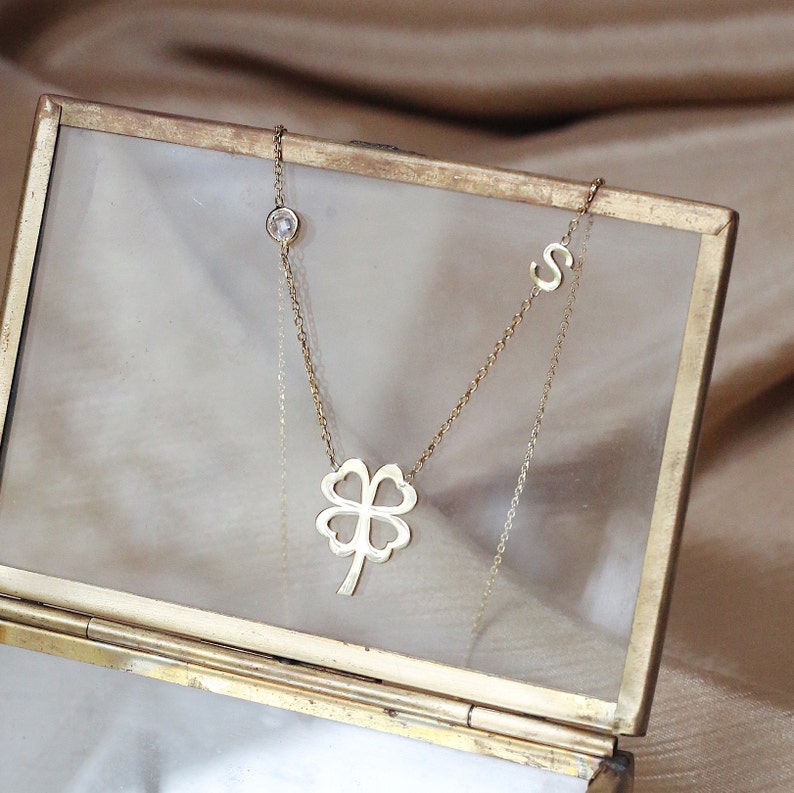 4 Leaf Clover Necklace , Letter Leaf necklace , Lucky Necklace , Four Leaf Charm , Letter Necklace , White Stone Clover , Mother Gift image 6