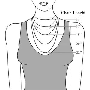 K&ouml;nnte beinhalten: Eine Strichzeichnung einer Person, die ein Tanktop tr&auml;gt, mit verschiedenen L&auml;ngen von Halsketten, die mit Ma&szlig;en in Zoll gekennzeichnet sind: 14", 16", 18", 20" und 22". Der Text "Chain Lenght" befindet sich &uuml;ber den Ma&szlig;en.