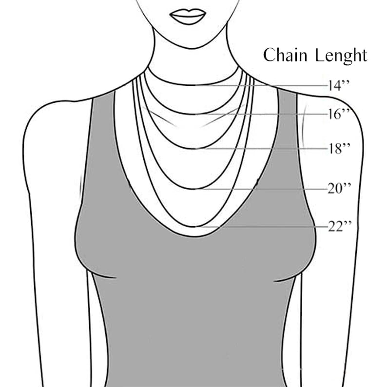 K&ouml;nnte beinhalten: Eine Strichzeichnung einer Person, die ein Tanktop tr&auml;gt, mit verschiedenen L&auml;ngen von Halsketten, die mit Ma&szlig;en in Zoll gekennzeichnet sind: 14", 16", 18", 20" und 22". Der Text "Chain Lenght" befindet sich &uuml;ber den Ma&szlig;en.