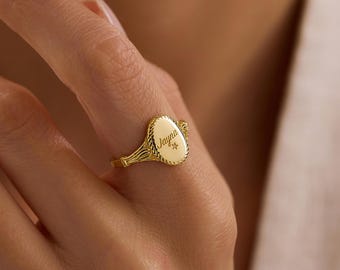 Personalized Name Signet Ring, Custom Engraved Oval Ring,  Letter Ring, Mother’s Day Gift, Gifts for Women, Custom-Designed Jewelry