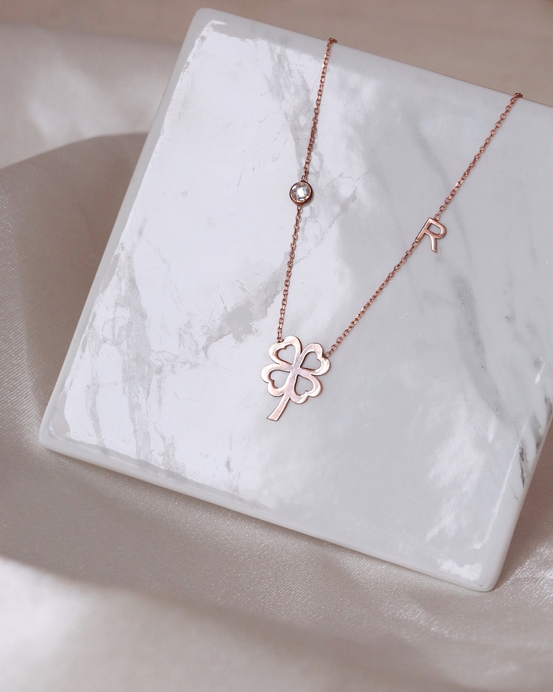 4 Leaf Clover Necklace , Letter Leaf necklace , Lucky Necklace , Four Leaf Charm , Letter Necklace , White Stone Clover , Mother Gift image 5