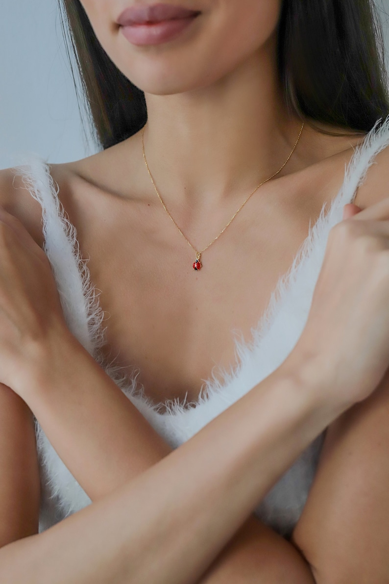 14K Solid Gold Ladybug Necklace , Dainty Laydybird Necklace , Animal Necklace , Christmas Gift image 1