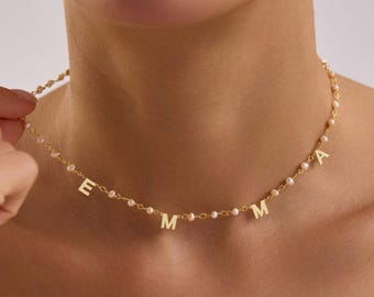 Personalized Initial Name Necklace with pearl chain, Custom jewelry , Minimalist letter Necklace  with Name, Gift for her, Mothers Day Gift