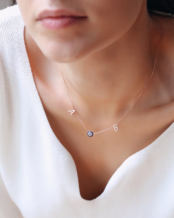 Two Letters Evil Eye Necklace Silver 