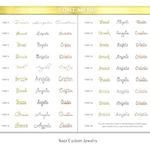 Op de afbeelding: Een grafiek met 20 verschillende lettertypen voor namen. De namen "Brook", "Angela" en "Cristin" worden in elk lettertype weergegeven. De grafiek heeft de titel "Lettertype Menu".