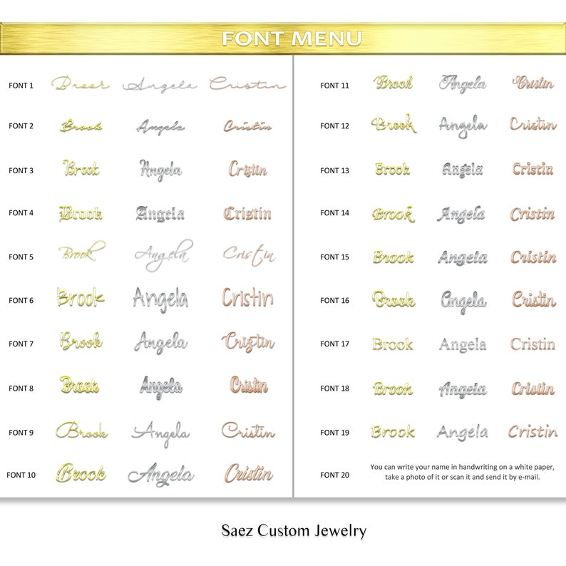 Op de afbeelding: Een grafiek met 20 verschillende lettertypen voor namen. De namen "Brook", "Angela" en "Cristin" worden in elk lettertype weergegeven. De grafiek heeft de titel "Lettertype Menu".