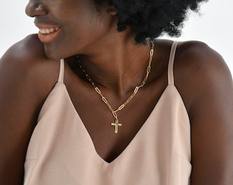 Custom Cross Necklace , 925 Sterling Silver Cross Necklace ,  Paper Clip Chain Cross , Christmas Gift