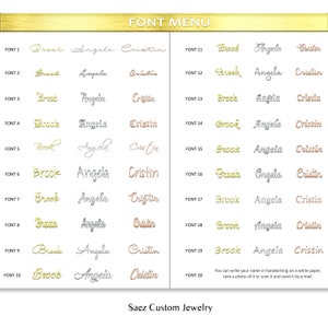 May include: A chart showing 20 different font styles for names. The names "Brook", "Angela", and "Cristin" are shown in each font style. The chart is titled "Font Menu".