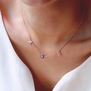 Collar de dos letras con mal de ojo, collar de plata, collar de letras, collar de letras delicadas, collar de letras personalizado, regalo de San Valentín