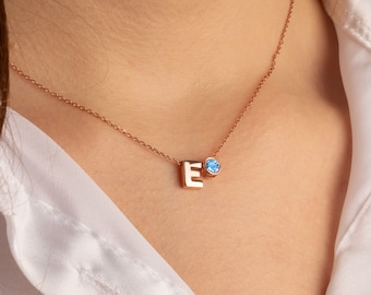 Custom Letter Necklace Birthstone , Dainty Name Necklace , Personalized Initial Name Jewelry , Dainty Initial Necklace, Mother Day Gift