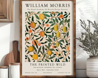 Granatapfel William Morris inspirierter Vintage Poster Druck, Botanische Wandkunst, Cottagecore Wohnkultur, Florale Tapete, Wandteppich, Zitronen