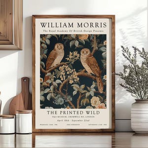 William Morris Inspired Vintage Poster Print, Owl Wildlife Wall Art, Cottagecore Style Home Decor, Owl Decor, Owl Poster