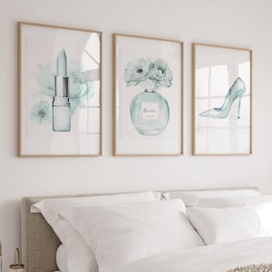 Set of 3 Fashion Watercolor Prints, Aqua Perfume, Lipstick & Shoes Wall Art, Chic Illustration Bundle, Luxury Instant Download Digital Files