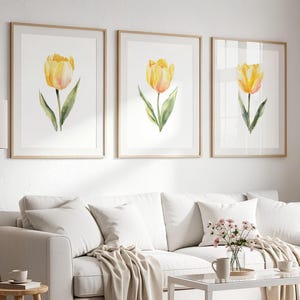 Yellow Tulip Set of 3 Prints, Botanical Bedroom Decor, Floral Poster Set, Cottagecore Wall Art, Printable Digital Download