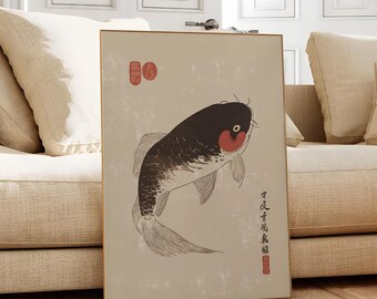 Japanska Koi-tryck, Matsumoto Hoji-inspirerade, Japanska bläcktryck, Matsumoto Hoji-tryck, Japansk väggkonst, Koi-tryck