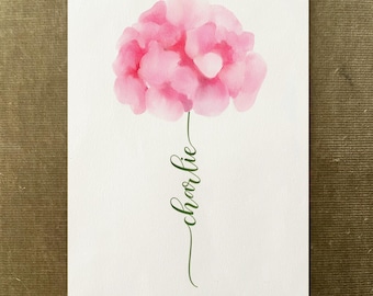Pink Hydrangea Custom Flower Name, Watercolour Flower Print, Unique Gift for Birthday, Nursery, Baby Shower, Wedding, Anniversary