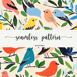 Gouache Birds Seamless Pattern, Scrapbooking, Sublimation Design DIY Craft Paper, Repeating Pattern, Collage Paper