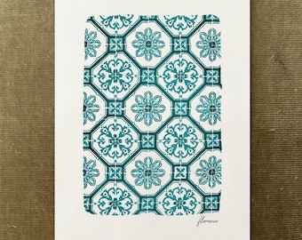 Florence Tile Watercolor Print, Italian Ceramic Pattern Wall Art, Tuscan Rustic Farmhouse Décor