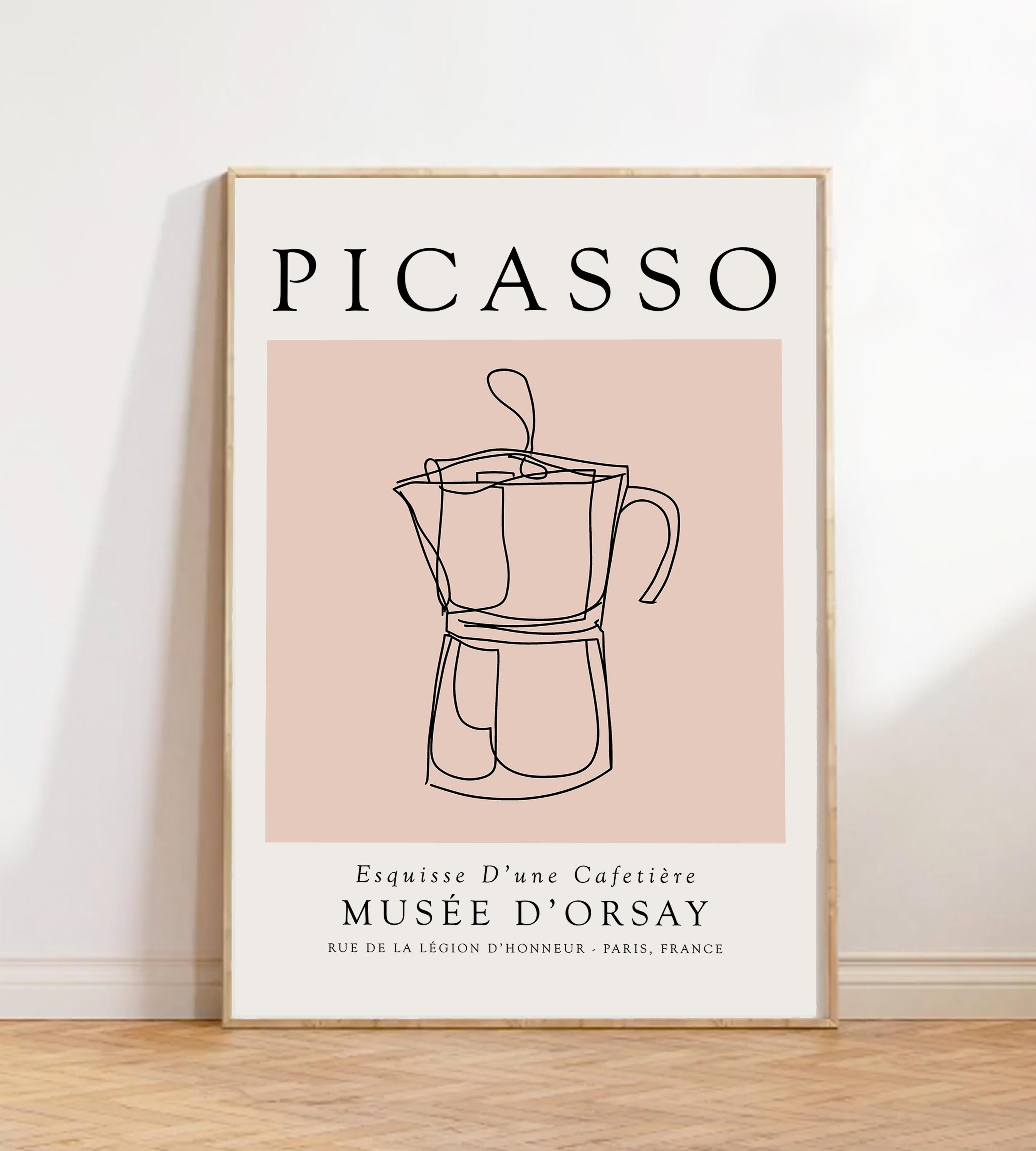 French Picasso Line Art Print: Minimalist Coffee & Croissant