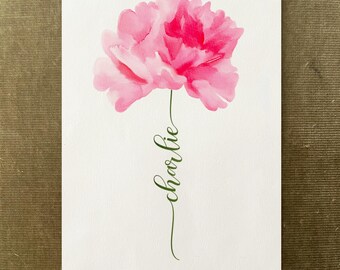 Pink Carnation Custom Flower Name, Watercolour Flower Print, Unique Gift for Birthday, Nursery, Baby Shower, Wedding, Anniversary