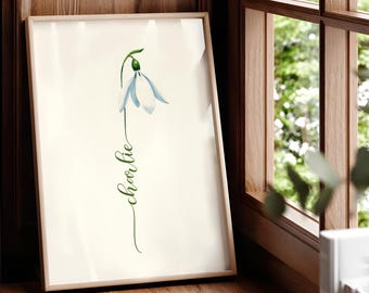 Snowdrop Custom Flower Name, Watercolour Flower Print, Unique Gift Birthday, Nursery, Baby Shower, Wedding, Anniversary, Personalized