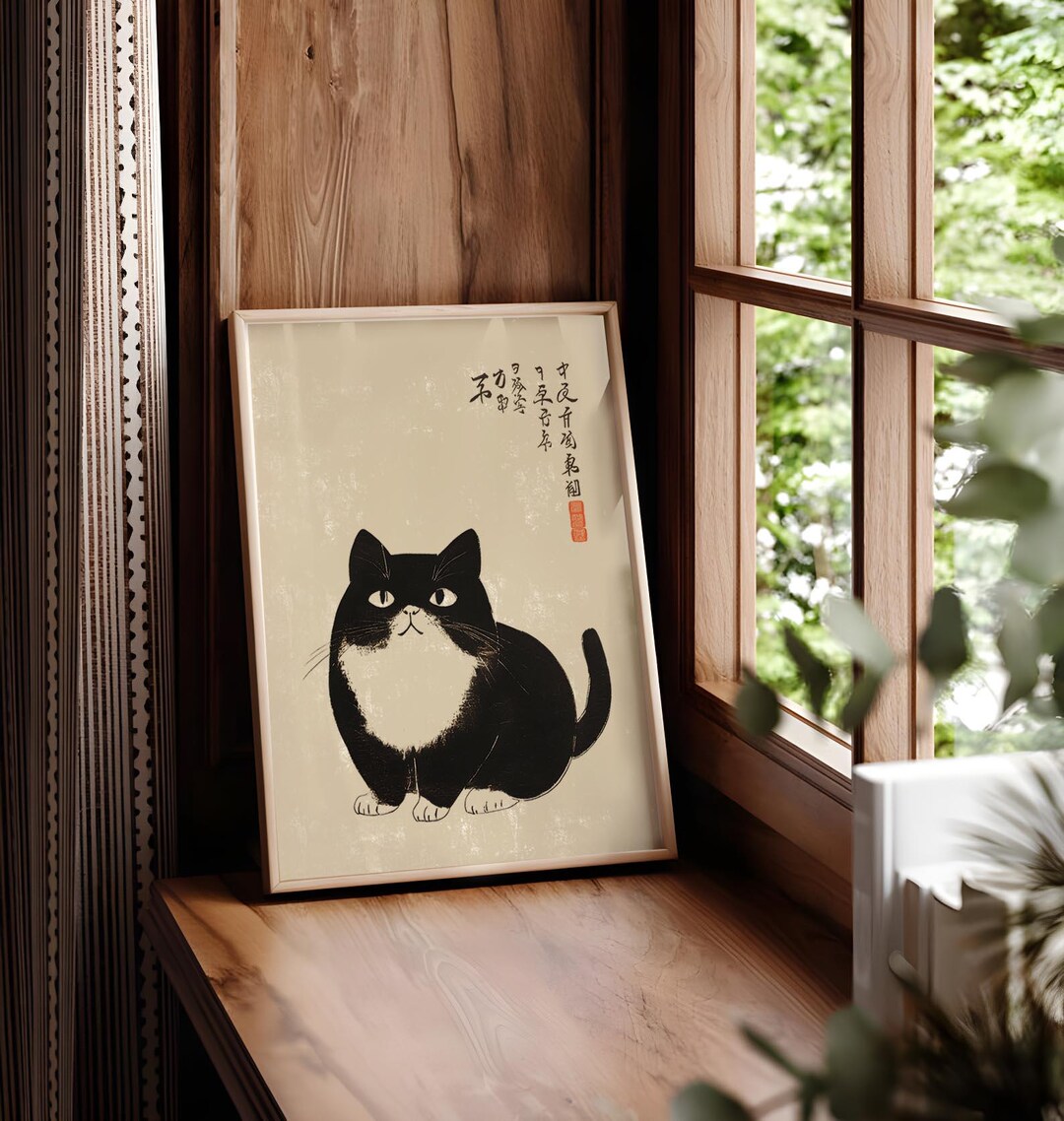 Japanese Cat Print, Matsumoto Hoji Inspired, Japanese Ink Prints ...