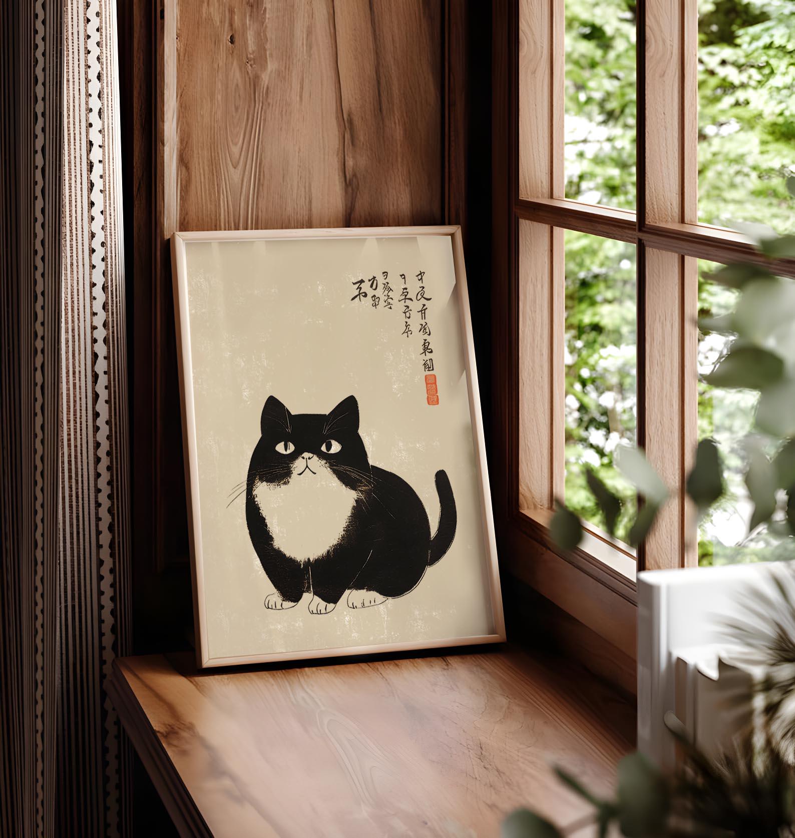 日本の猫のプリント、松本宝司風、日本の水墨画、松本宝司のプリント