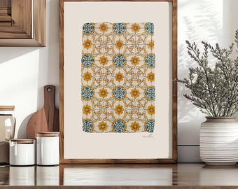Seville Azulejos Watercolor Print, Andalusian Tile Wall Art, Spanish Pattern, Rustic Mediterranean Décor