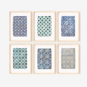 Tile Print, Azulejos Watercolor Print, Tile Wall Art, Blue Green Ceramic Pattern, Mediterranean Home Décor