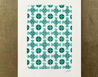 Porto Azulejos Watercolor Print, Portuguese Tile Wall Art, Blue Green Ceramic Pattern, Mediterranean Home Décor