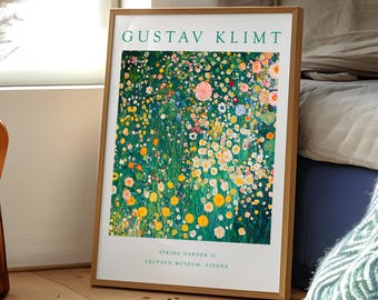 Trädgård Gustav Klimt inspirerad affischtryck, jugendmålning vägg, heminredning, galleriväggkonst, färgglad väggkonst trädgårdsaffisch