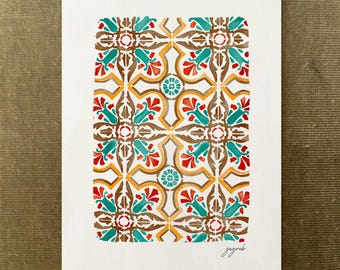 Zagreb Tile Wall Art Print, Colourful Azulejos Watercolor, Ceramic Pattern, Mediterranean Home Decor, Blue Tile Art, Tile Print