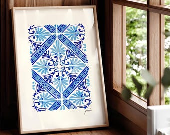 Portuguese Tile Wall Art Print, Porto Print, Colourful Blue Azulejos Watercolor, Mediterranean Home Decor, Blue Tile Art, Tile Print