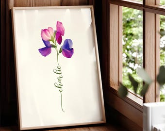 Sweet Pea Custom Flower Name, Watercolour Flower Print, Unique Gift Birthday, Nursery, Baby Shower, Wedding, Anniversary, Personalized