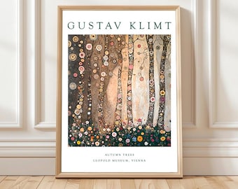 Höst Gustav Klimt inspirerad affischtryck, jugendmålning, heminredning, galleriväggkonst, färgglad väggkonst, skogstryck