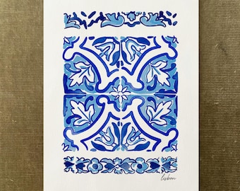 Lisbon Portuguese Tile Watercolor Print, French Ceramic Pattern Wall Art, Cottagecore Rustic Home Décor, Hand Painted, Blue Tile