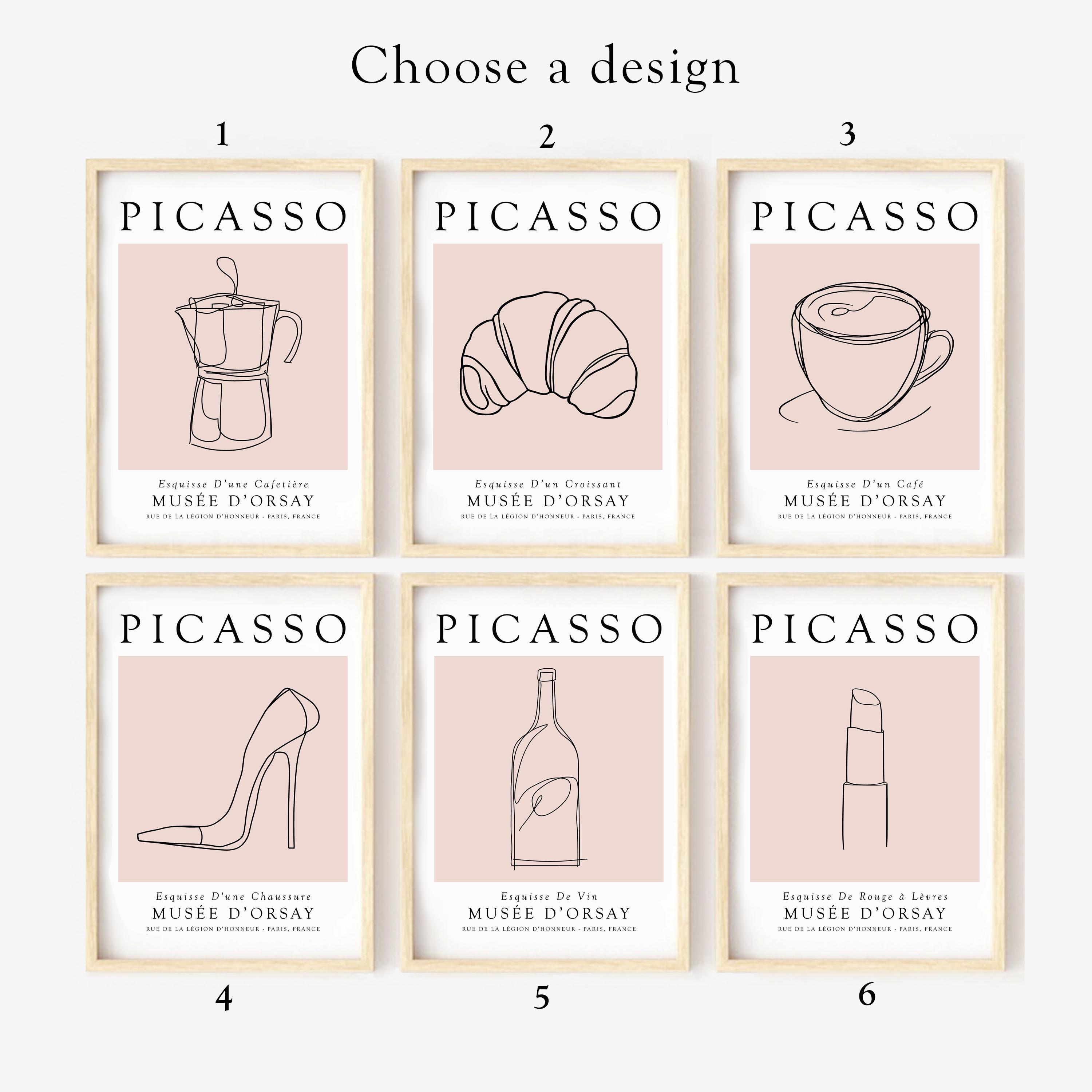 French Picasso Line Art Print: Minimalist Coffee & Croissant