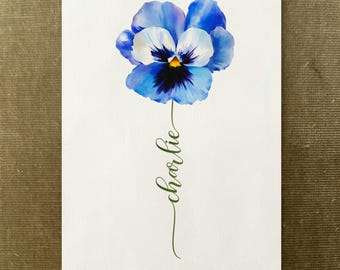 Blue Pansy Custom Flower Name, Watercolour Flower Print, Unique Gift Birthday, Nursery, Baby Shower, Wedding, Anniversary, Personalized