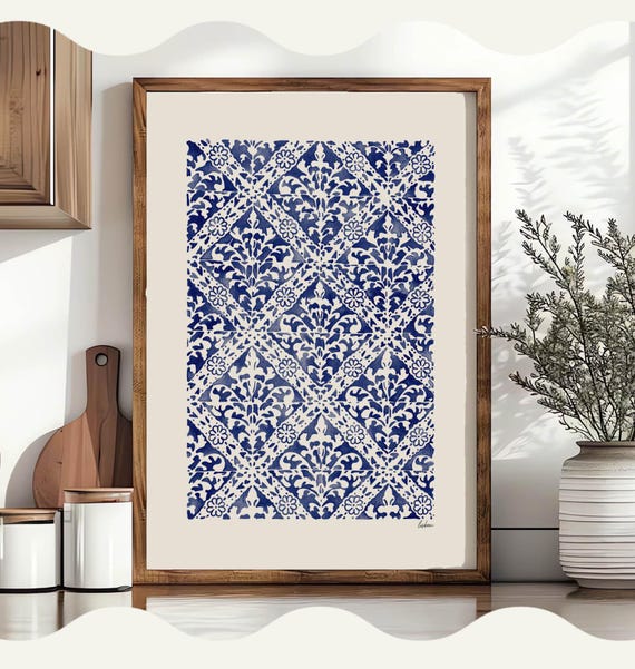Lisbon Azulejos Watercolor Print, Portuguese Tile Wall Art, Blue Ceramic Pattern, Mediterranean Home Décor