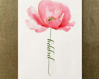 Pink Poppy Custom Flower Name, Watercolour Flower Print, Unique Gift Birthday, Nursery, Baby Shower, Wedding, Anniversary, Personalized