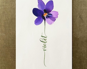 Purple Violet Custom Flower Name, Watercolour Flower Print, Unique Gift Birthday, Nursery, Baby Shower, Wedding, Anniversary, Personalized