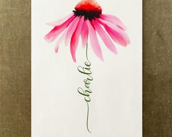 Echinacea Custom Flower Name, Watercolour Flower Print, Unique Gift for Birthday, Nursery, Baby Shower, Wedding, Anniversary, Personalized