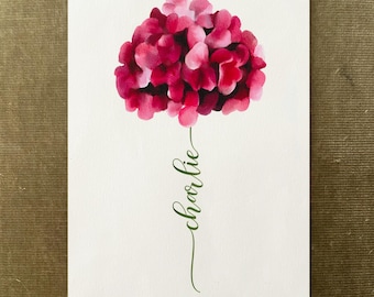 Pink Hydrangea Custom Flower Name, Watercolour Flower Print, Unique Gift for Birthday, Nursery, Baby Shower, Wedding, Anniversary
