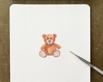 Teddy Bear Watercolour Miniature Art Print, Nursery Wall Art, Kids Room Print, Baby's Room Wall Art, Cottagecore