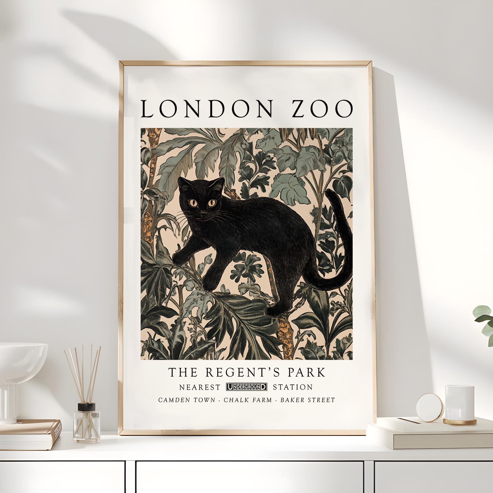 Black Cat London Zoo Poster, William Morris Inspired Vintage