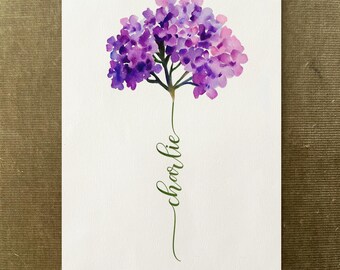Verbena Custom Flower Name, Watercolour Flower Print, Unique Gift Birthday, Nursery, Baby Shower, Wedding, Anniversary, Personalized
