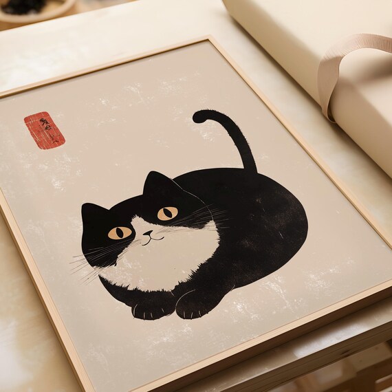 Japanese Cat Ink Print: Matsumoto Hoji Style Wall Art - Etsy