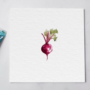 May include: Watercolour painting of a vibrant red beetroot with green leaves. The artwork is on white textured paper, with paint tubes and paint brushes in the background. The beetroot is the focal point of the image.