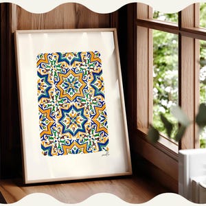 May include: A framed rectangular print featuring a repeating geometric pattern of eight-pointed stars in vibrant shades of blue, yellow, green, and orange. The artwork is displayed in a light-coloured wooden frame with a white mat border.