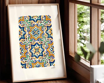 Seville Azulejos Watercolor Print, Andalusian Tile Wall Art, Spanish Pattern, Rustic Mediterranean Décor